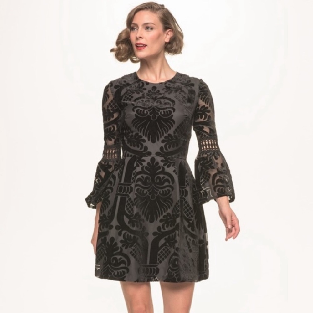 Eliza J Black Burnout Velvet Fit & Flare Night Out Dress US 10